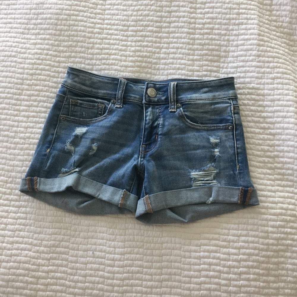 american eagle denim ripped midi shorts